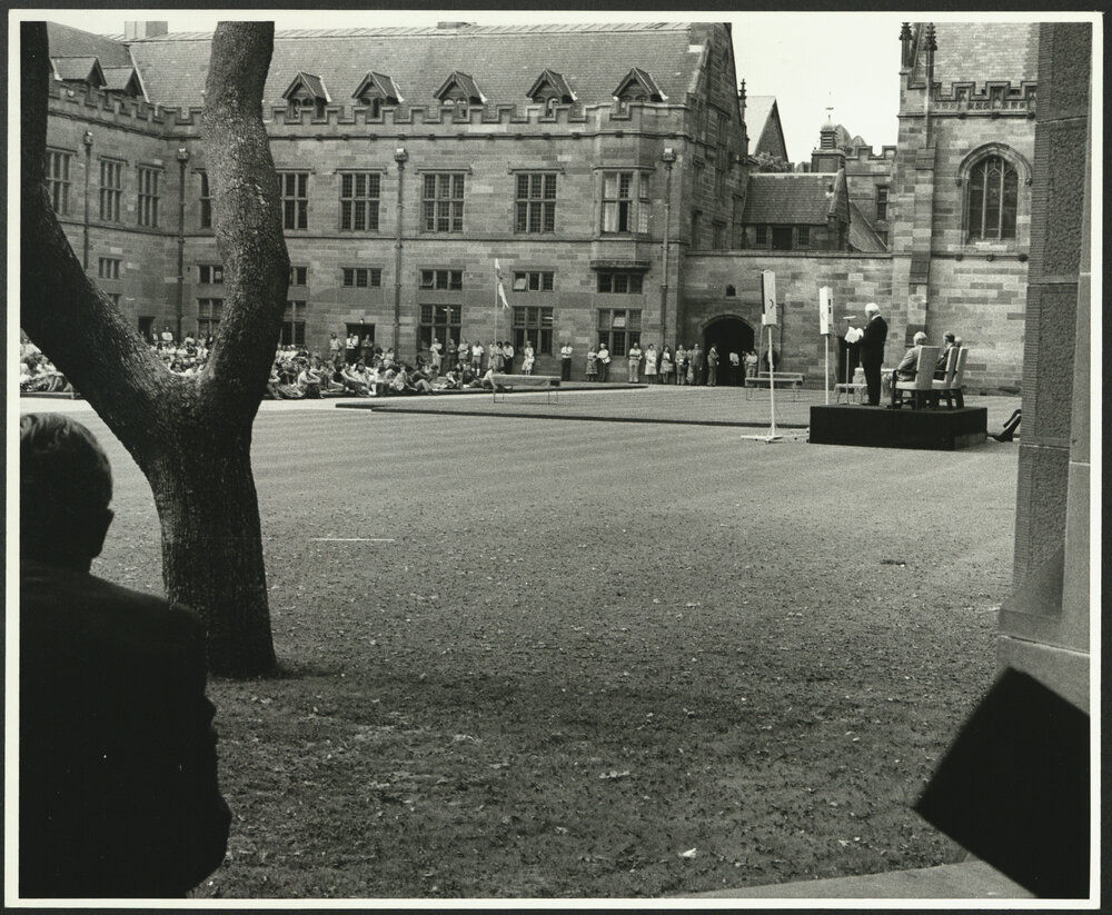 Sir Hermann Black Addressing the Audience at the Inauguration of the Rebuilt Carillon in the Quad