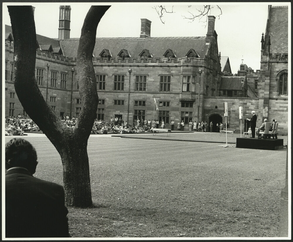 Sir Hermann Black Addressing the Audience at the Inauguration of the Rebuilt Carillon in the Quad