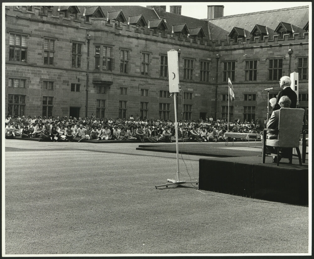 Sir Hermann Black Addressing the Audience at the Inauguration of the Rebuilt Carillon in the Quad