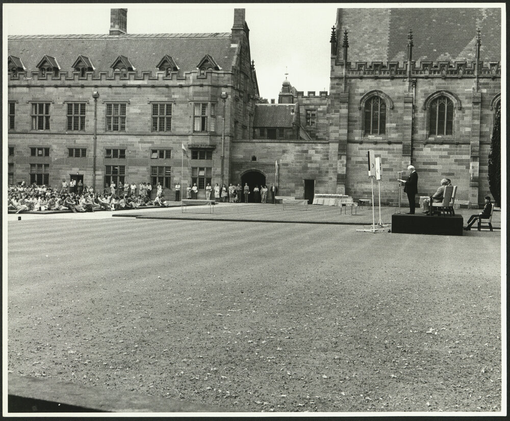 Sir Hermann Black Addressing the Audience at the Inauguration of the Rebuilt Carillon in the Quad