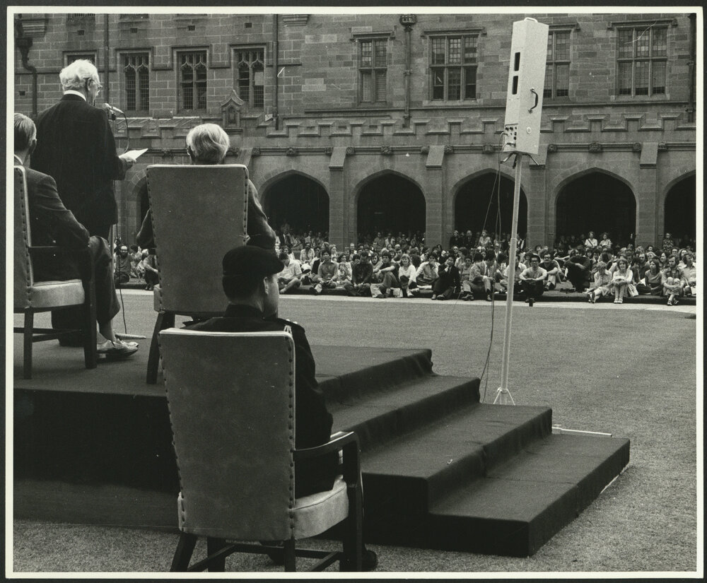 Sir Hermann Black Addressing the Audience at the Inauguration of the Rebuilt Carillon in the Quad