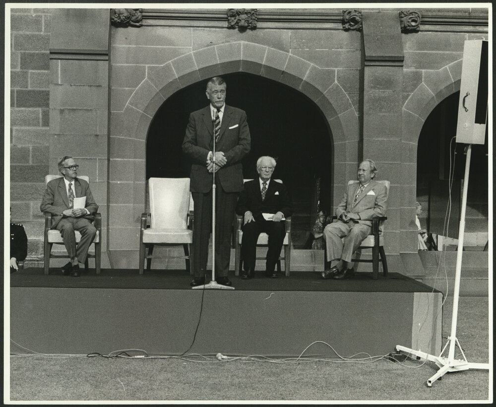 Sir Roden Cutler Addressing Audience at the Inauguration of the Rebuilt Carillon in the Quad
