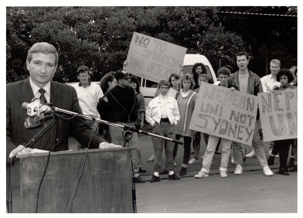 Students Demonstrating Whilst Nick Greiner Makes a Press Statement