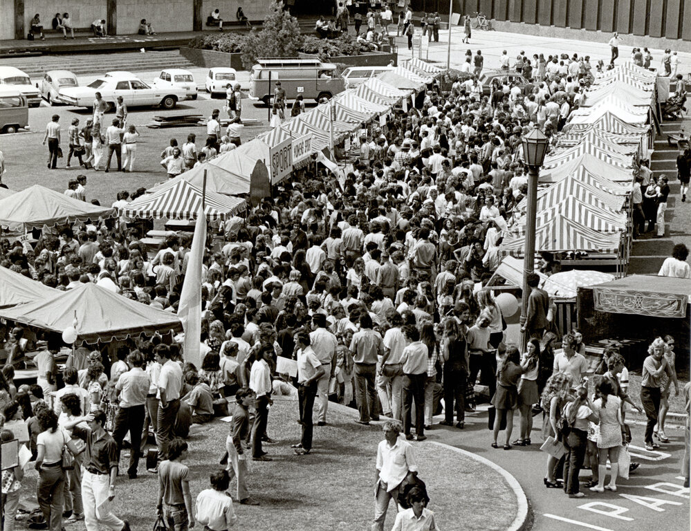 1973 Orientation Week Stalls Along Quadrangle Front Lawns