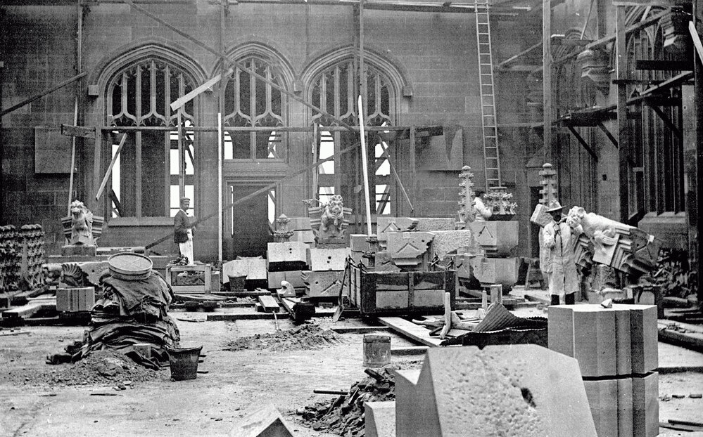 Stonemason Carving a Gargoyle for MacLaurin Hall in Situ