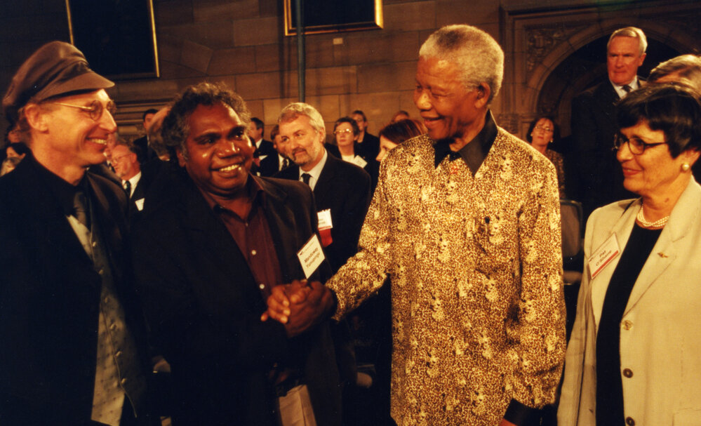 Professor Allan Snyder, Mandawuy Yunupingu, Nelson Mandela and Pat O'Shane