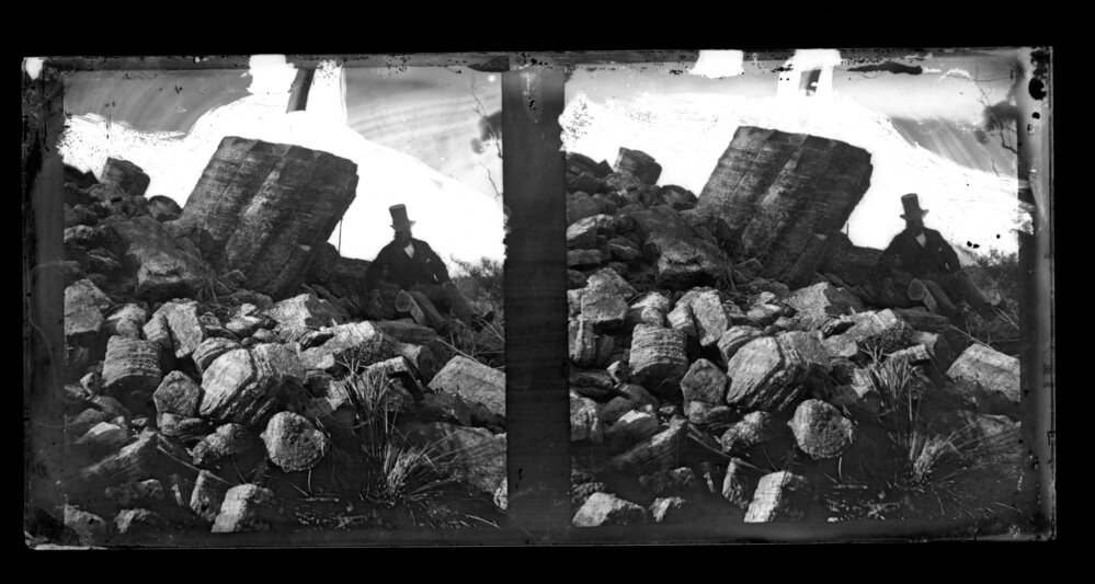 Man in Top Hat near Sandstone Boulders, Lane Cove