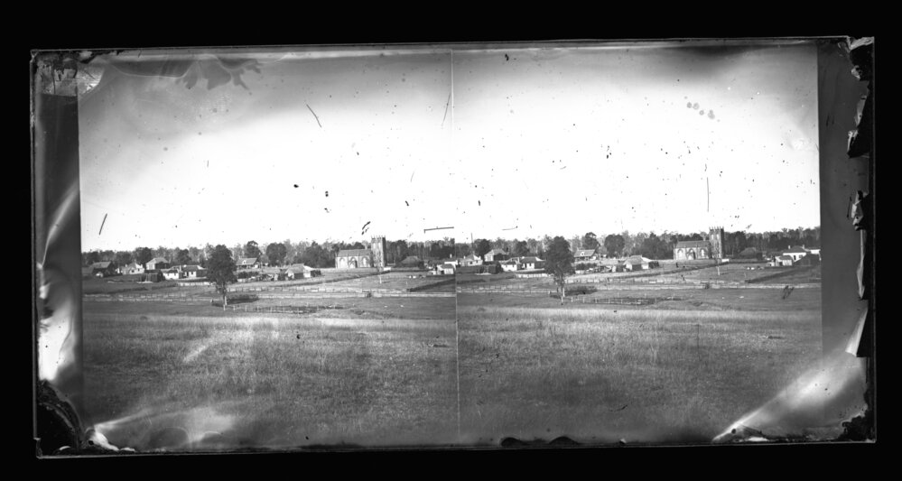 View Across Paddocks, Water Channel and Fences to Village, Early View of Penrith with St Stephen's Anglican Church