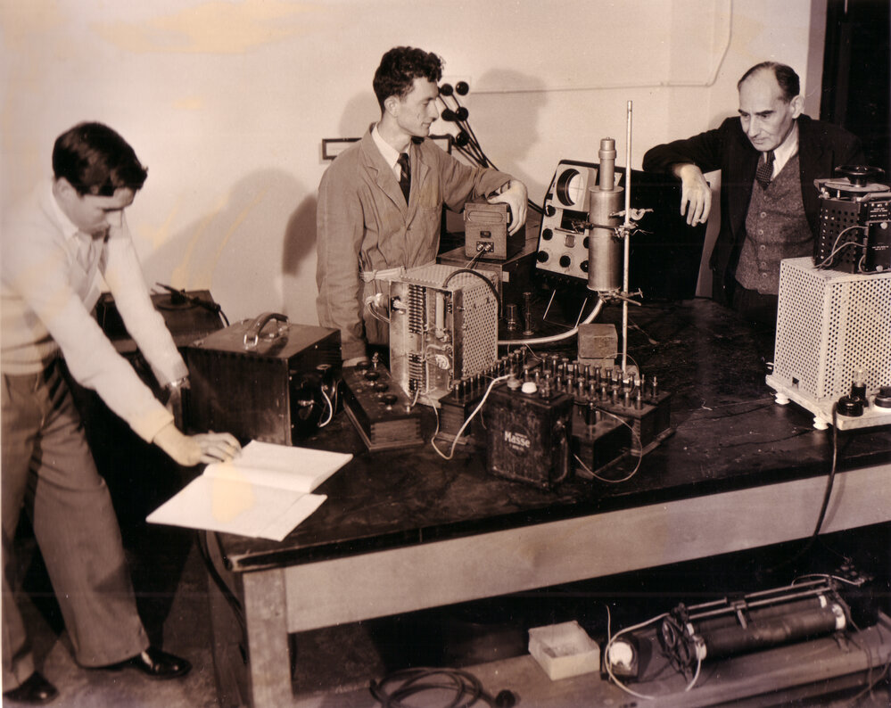 Dr Landecker with Brian O'Brian and Max Brennen with Scintillation Counters