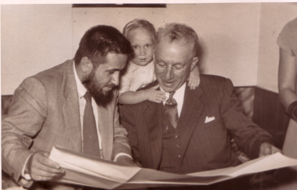 Professor Harry Messel and Adolph Basser with Blueprints for the Construction of SILLIAC