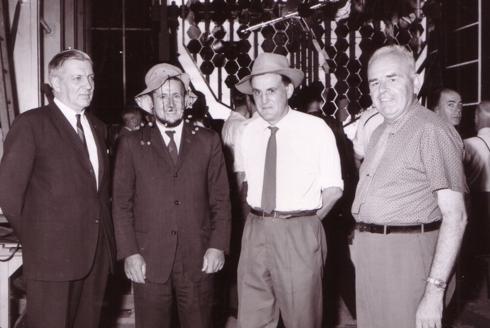 Professor Harry Messel, Major General M Dougherty, Professor R Hanbury Brown and Professor Bart J Bok at the Narrabri Interferometer