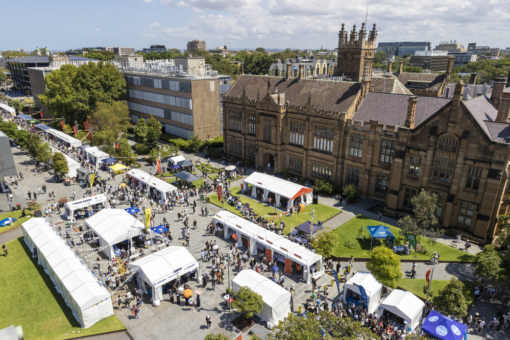 Semester 1 2022 - View from Level 9 of Fisher Library of Stalls in Front of Anderson Stuart Building
