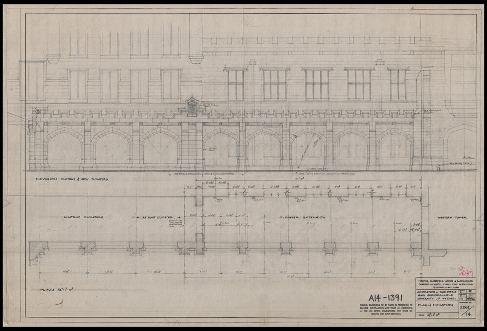 Main Building - Perspective Drawing of Proposed Completion of Cloister South of Western Tower - Plan and Elevation