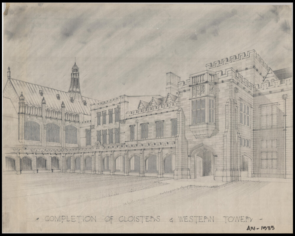 Main Building - Perspective Drawing of Completion of Cloisters and Western Tower