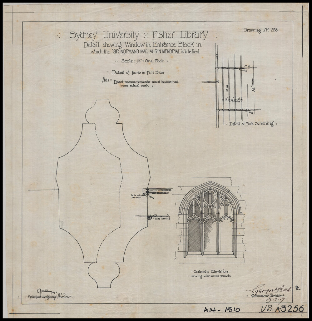 Main Building - Fisher Library (Now MacLaurin Hall) - Detail Showing Window in Entrance Block - MacLaurin Memorial