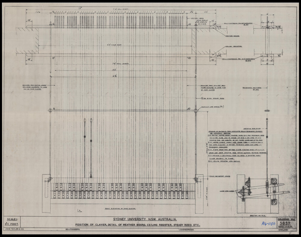 Carillon - Position of Clavier, Detail of Weather Board, Ceiling Register, Steady Rods Etc.