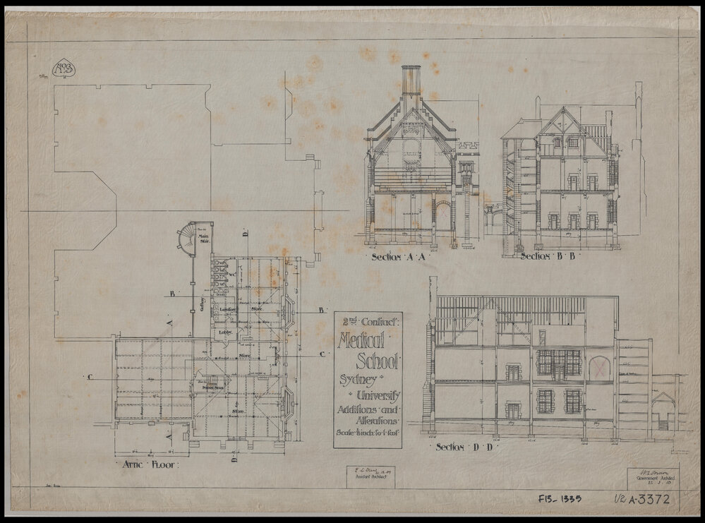Medical School - Additions and Alterations - Attic, Sections - Cloth Copy