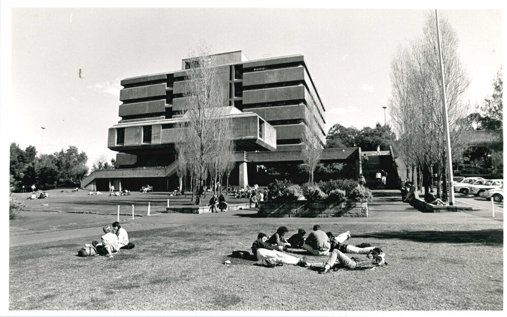 Students Seated Near the Molecular Bioscience Building