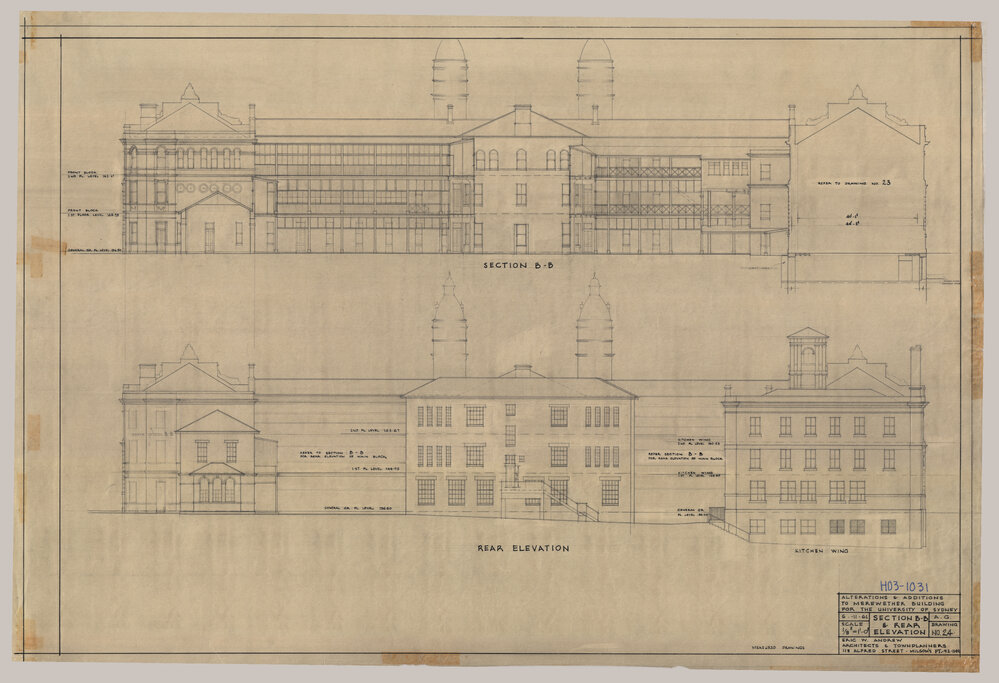 Institute Building (Incorrectly Labelled as Merewether Building) - Alterations and Additions - Section BB and Rear Elevation