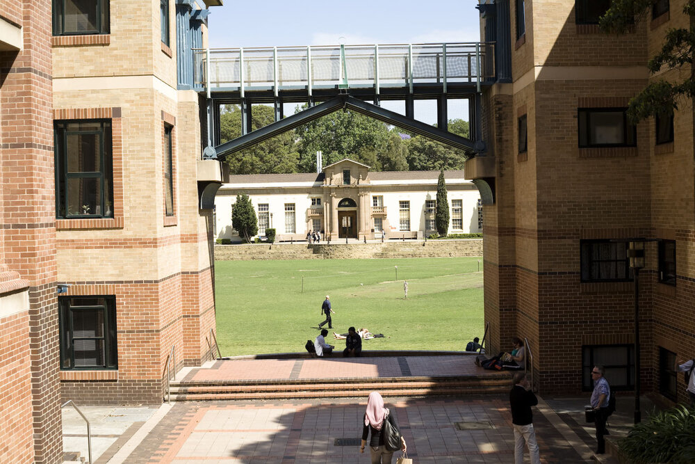 View of Education Building, The Square, and Physics Building
