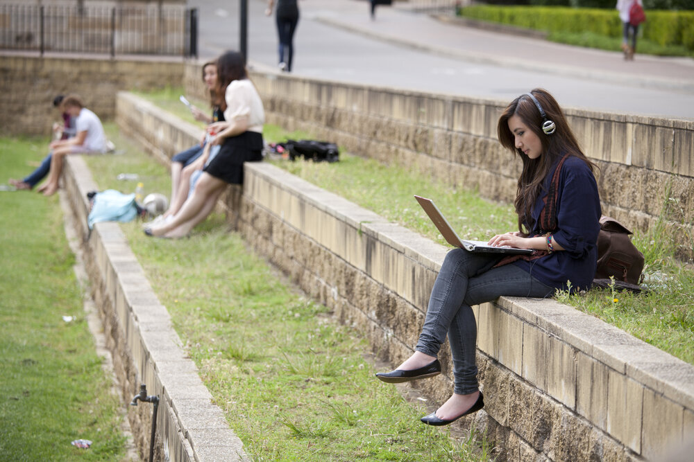 Students at The Square, with a View of Physics Road