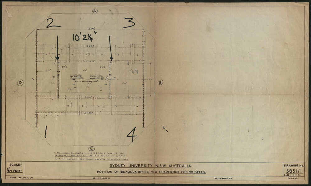 Position of Beams Carrying New Framework For 30 Bells - Drawing No 5851/1