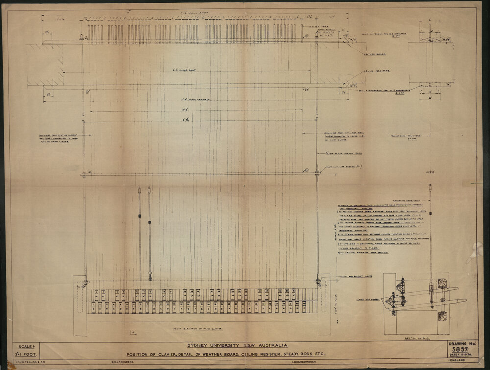 Position of Clavier, Detail of Weather Board, Ceiling Register, Steady Rods Etc. - Drawing No 5857