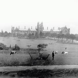 View of Grounds and Front of Main Building with Cows in Foreground