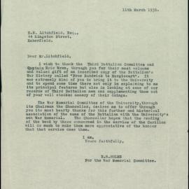 Correspondence re Donation by Ex-Members of the 3rd Battalion, AIF