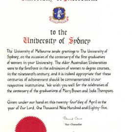 Congratulatory Address to Mark the Centenary of the First Two Women Graduates of the University