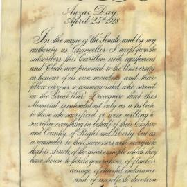 Memorial Statement regarding Inauguration of War Memorial Carillon and Great Tower Clock