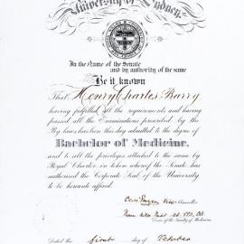 Testamur of Henry Charles Barry - Bachelor of Medicine