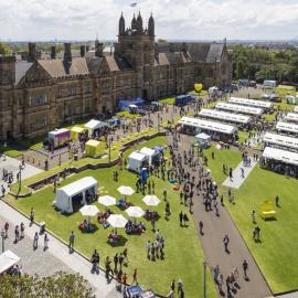 Semester 1 2022 - View from Level 9 of Fisher Library of Stalls in Front of Quadrangle