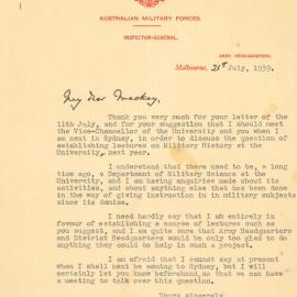 Letter to Mackay from the Australian Military Forces Regarding Military History Lectures