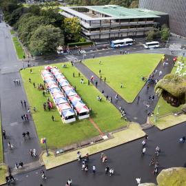Aerial View of Front Lawn and Fisher Library on Open Day