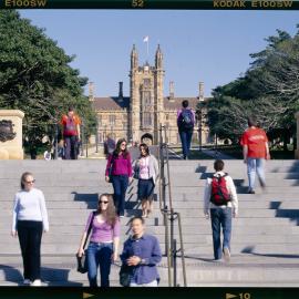 Students on New Stairs to Victoria Park, Clock Tower in Background