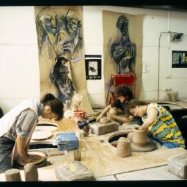 Sydney College of the Arts Students Using Pottery Wheels in Ceramics Workshop