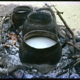 Pots of Food Cooking Over Fire