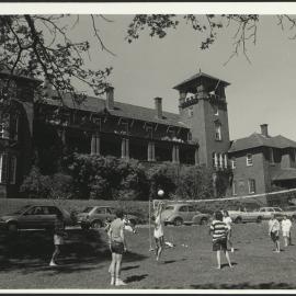 Students Enjoying a Ball Game in Front of Women's College
