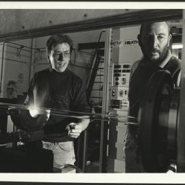 First Fibres for Optical Fibre Technology Centre (OFTC), Mr Ron Bailey (l) and colleague (?)