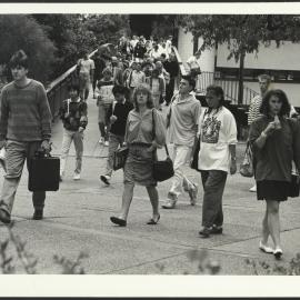 Students on the Keith Murray Footbridge over City Road