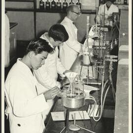 Pharmaceutical Chemistry Laboratory Students Preparing Medicines at a Lab Bench