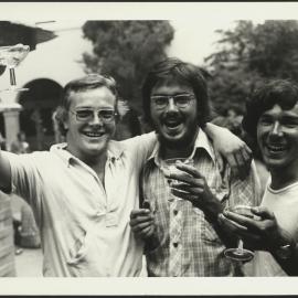 Three Students Toasting with Champagne Glasses at "Meet the Board" Union Pleasance, Orientation Week 1978