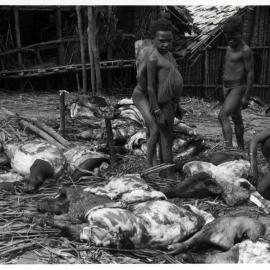Children Standing By Pig Carcasses