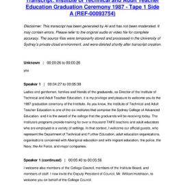 Institute of Technical and Adult Teacher Education Graduation Ceremony 1987 - Tape 1 Side A - Transcript