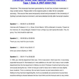 Shaw, Alan George Lewers Interview - Tape 1 Side A - Transcript