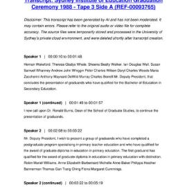 Sydney Institute of Education Graduation Ceremony 1988 - Tape 3 Side A - Transcript