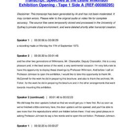 Speeches at the Leslie Wilkinson Exhibition Opening - Tape 1 Side A - Transcript