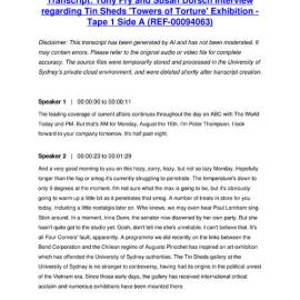 Tony Fry and Susan Dorsch Interview regarding Tin Sheds 'Towers of Torture' Exhibition - Tape 1 Side A - Transcript