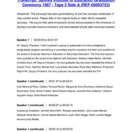 Sydney Institute of Education Graduation Ceremony 1987 - Tape 2 Side A - Transcript
